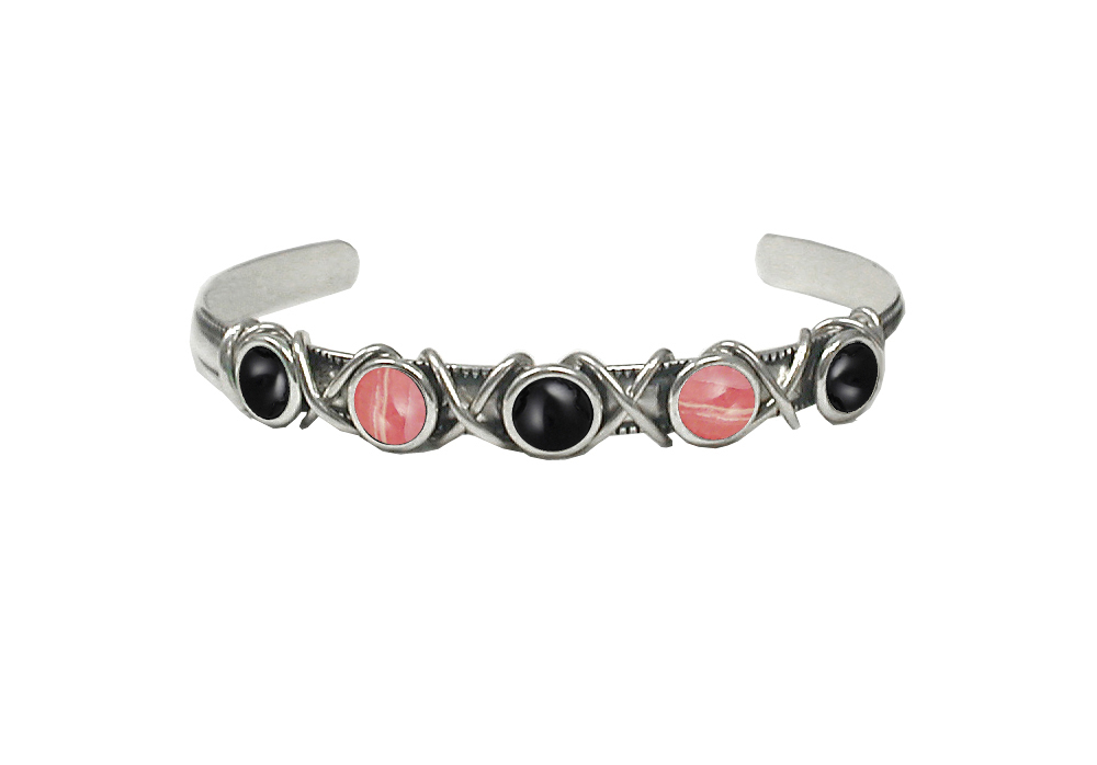 Sterling Silver Cuff Bracelet With Black Onyx And Rhodocrosite Sterling Silver Cuff Bracelet With Black Onyx And Rhodocrosite